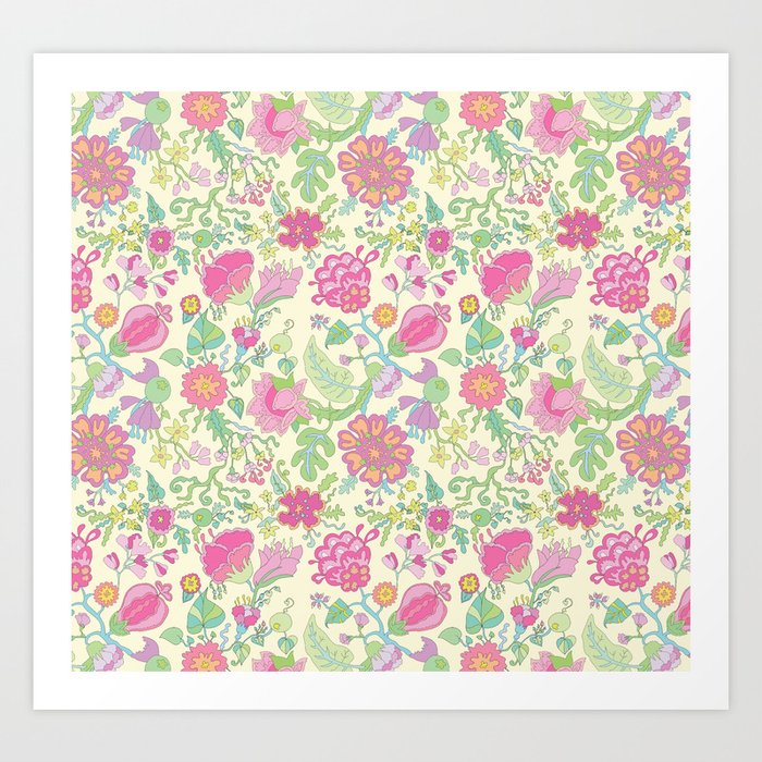 Pink and Peach Flowered curtains Art Print