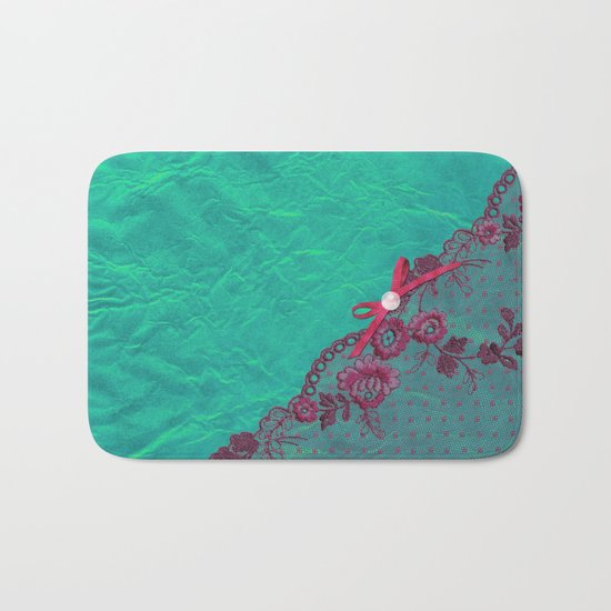 Claire´s treasure I - Pink lace,ribbon and pearl on aqua backround Bath Mat