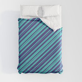 [ Thumbnail: Dark Slate Blue and Turquoise Colored Striped/Lined Pattern Duvet Cover ]
