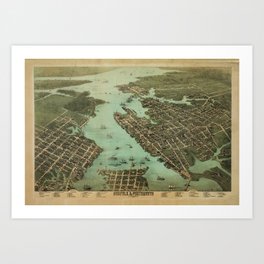 Norfolk & Portsmouth, Virginia (1873) Art Print | Antique, Cityscape, Vintage, Colored Pencil, Drawing, History, Portsmouth, Historic, Virginia, 1873 