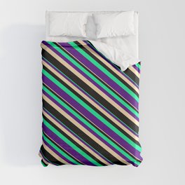 [ Thumbnail: Green, Indigo, Beige, and Black Colored Striped Pattern Duvet Cover ]