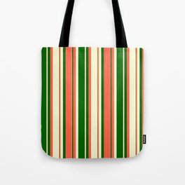 [ Thumbnail: Red, Light Yellow & Dark Green Colored Stripes Pattern Tote Bag ]