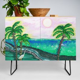 Tropical Ocean View with Egret Credenza