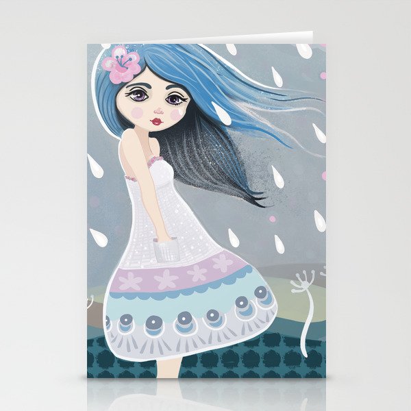 Blue haired Girl in the rain Stationery Cards