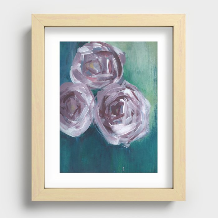 Abstract Floral Roses - Purple on Green Background Recessed Framed Print