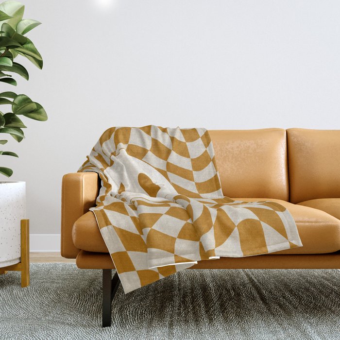 Golden ochre smiley wavy checker Throw Blanket