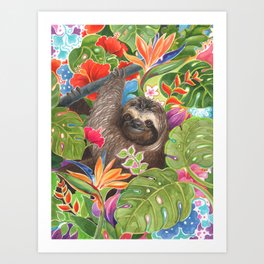 Sloth among exotic flowers Art Print