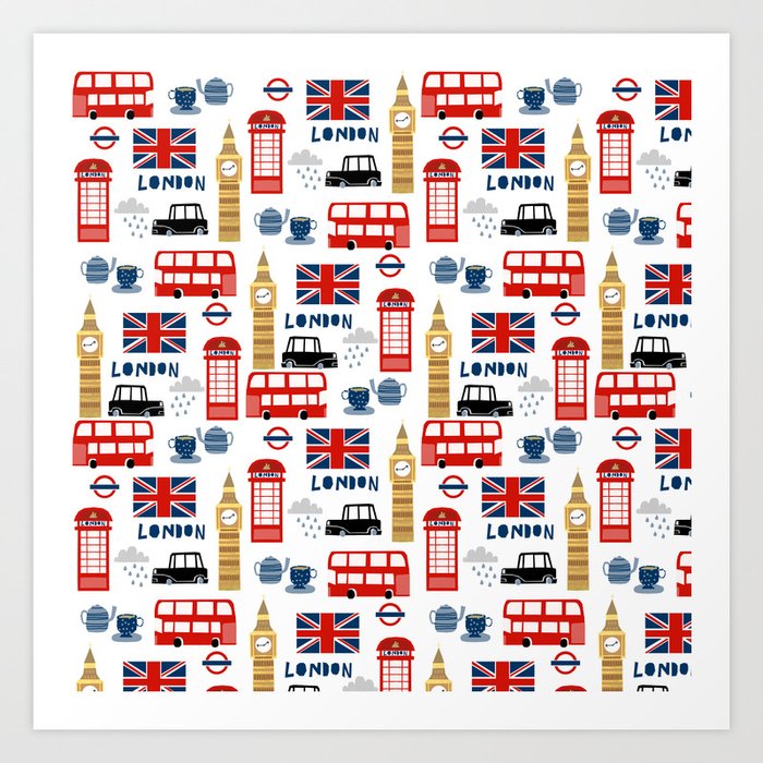 London travel pattern cute england print for nursery kids room boys or girls decor Art Print