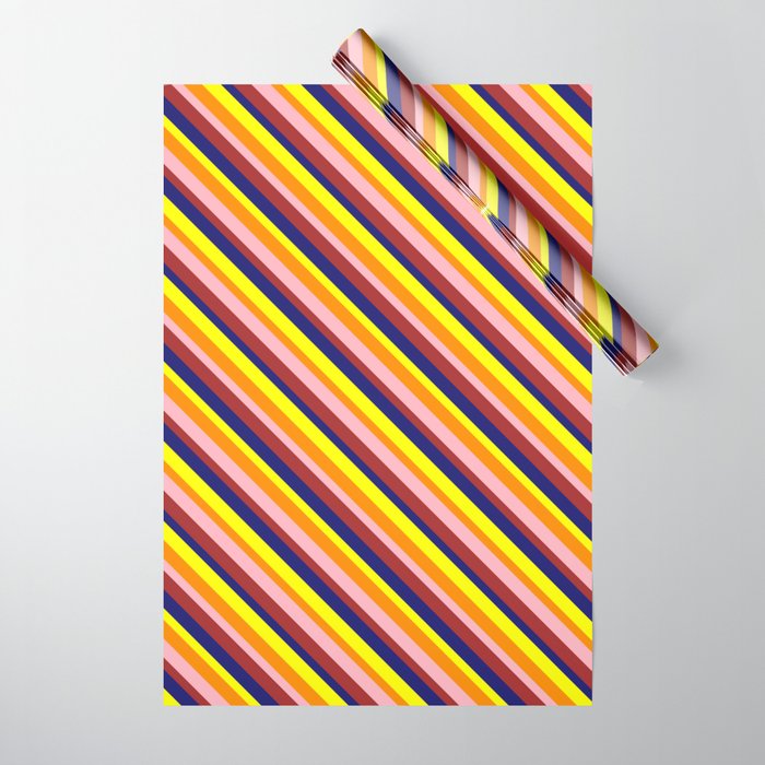 Eye-catching Yellow, Dark Orange, Light Pink, Brown & Midnight Blue Colored Striped Pattern Wrapping Paper