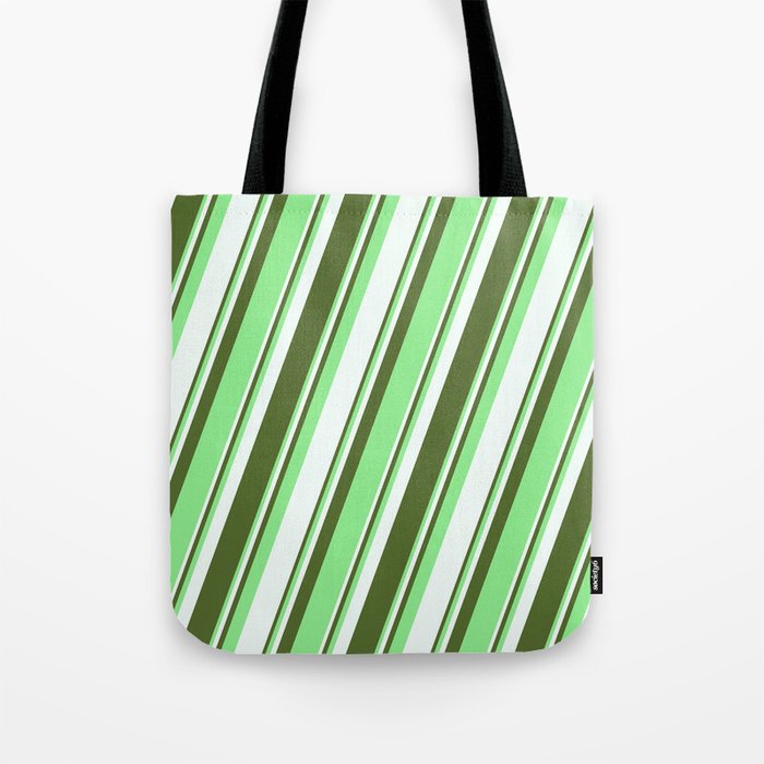 Dark Olive Green, Light Green, and Mint Cream Colored Lines Pattern Tote Bag