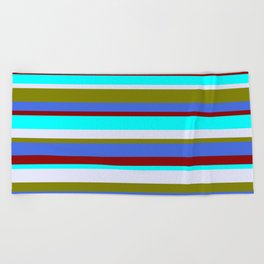 [ Thumbnail: Colorful Green, Royal Blue, Dark Red, Cyan & Lavender Colored Lined Pattern Beach Towel ]