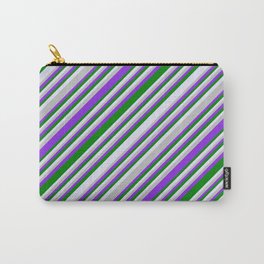 [ Thumbnail: Grey, Purple, Green & Lavender Colored Lines/Stripes Pattern Carry-All Pouch ]