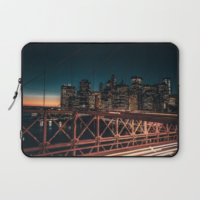 New York City Brooklyn Bridge and Manhattan skyline at night Laptop Sleeve