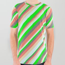 [ Thumbnail: Vibrant Gray, Salmon, Tan, Light Cyan & Lime Colored Striped Pattern All Over Graphic Tee ]