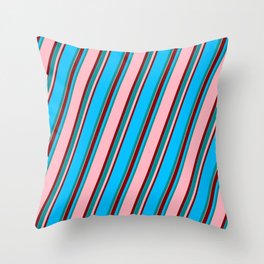 [ Thumbnail: Dark Cyan, Light Pink, Maroon & Deep Sky Blue Colored Lined Pattern Throw Pillow ]