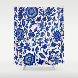 Blue & White Chinoiserie Flower Pattern Shower Curtain