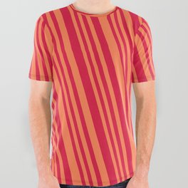 [ Thumbnail: Crimson & Coral Colored Lines/Stripes Pattern All Over Graphic Tee ]