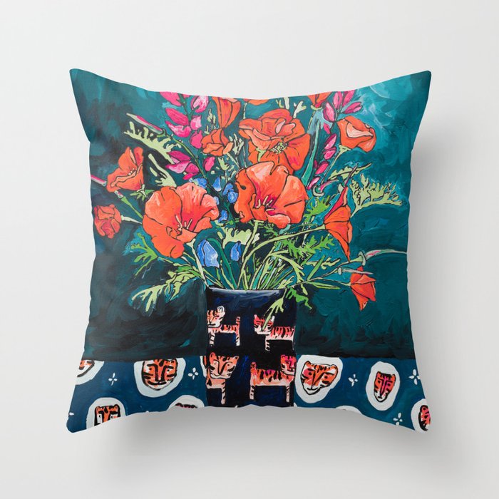 California Poppy and Wildflower Bouquet on Emerald with Tigers Still Life Painting Throw Pillow