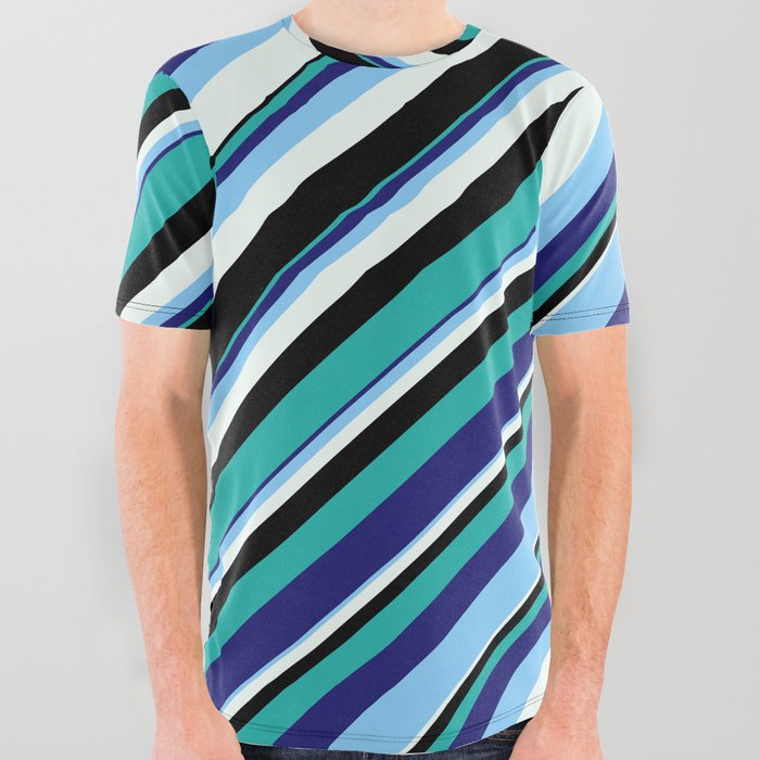 Colorful Light Sea Green, Midnight Blue, Light Sky Blue, Mint Cream & Black Colored Stripes Pattern All Over Graphic Tee