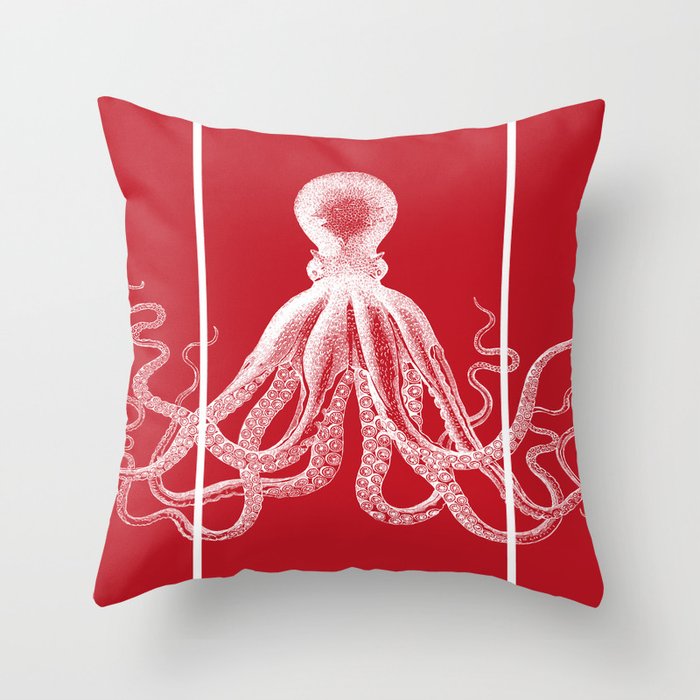 Octopus Faux Triptych | Vintage Octopus | Tentacles | Red and White | Throw Pillow