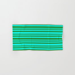 [ Thumbnail: Forest Green & Cyan Colored Striped Pattern Hand & Bath Towel ]
