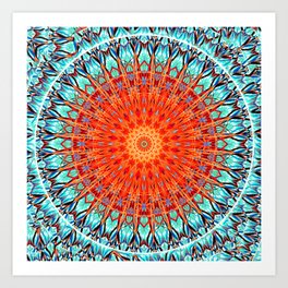 Teal Orange Mandala Fractal Art Print