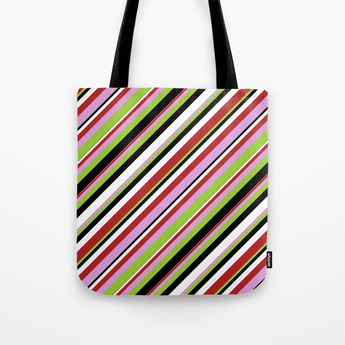 Red, Plum, Green, Black & White Colored Lines Pattern Tote Bag