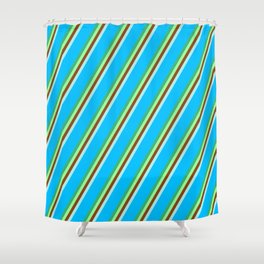 [ Thumbnail: Eyecatching Sea Green, Green, Brown, Turquoise, and Deep Sky Blue Colored Lined Pattern Shower Curtain ]