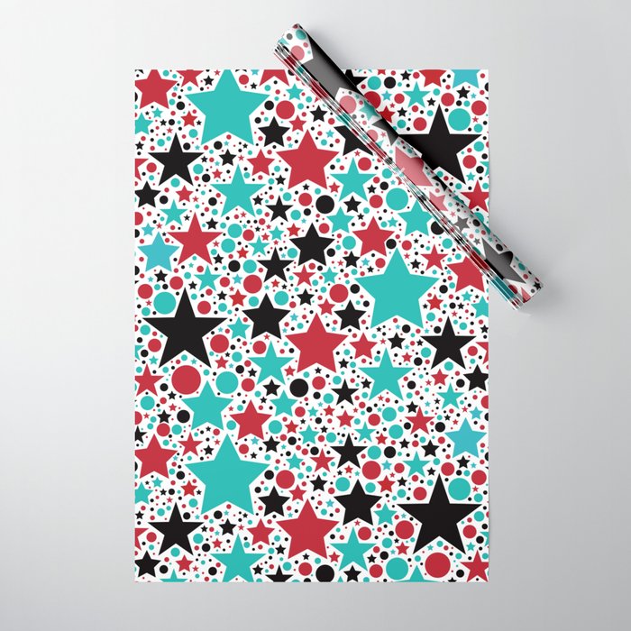 Teal, Red, Black Fun Stars & Dots Pattern Wrapping Paper