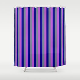 [ Thumbnail: Orchid, Slate Gray, and Dark Blue Colored Lined/Striped Pattern Shower Curtain ]
