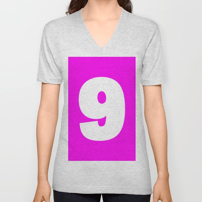9 (White & Magenta Number) V Neck T Shirt