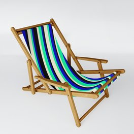 [ Thumbnail: Beige, Green, Blue, and Black Colored Striped/Lined Pattern Sling Chair ]
