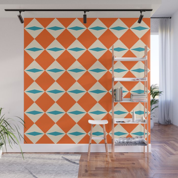 Geometric Diamond Pattern 823 Orange Turquoise and Beige Wall Mural