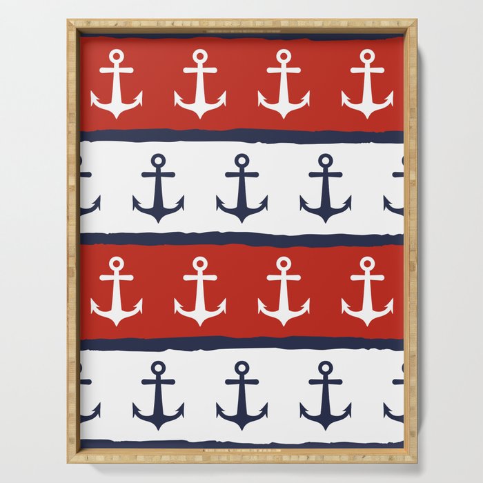 Navy Blue White Maroon Red Nautical Anchor Stripes Serving Tray