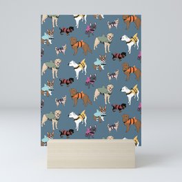Dogs in Shark Lifejackets on Midnight Blue Mini Art Print