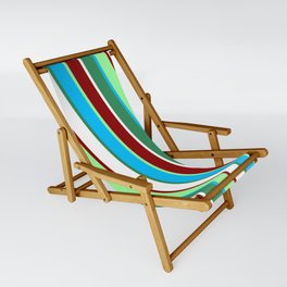 [ Thumbnail: Vibrant Green, Deep Sky Blue, Sea Green, White & Dark Red Colored Lines Pattern Sling Chair ]