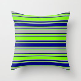 [ Thumbnail: Green, Dark Grey & Dark Blue Colored Lines/Stripes Pattern Throw Pillow ]