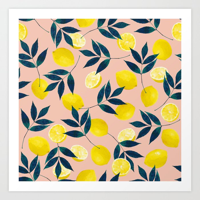 Lemon Goodness, Botanical Nature Forest Illustration, Bohemian Blush Colorful Painting Art Print