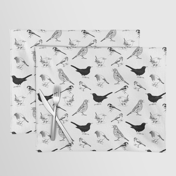 British Garden Birds Busy Monochrome Pattern Placemat
