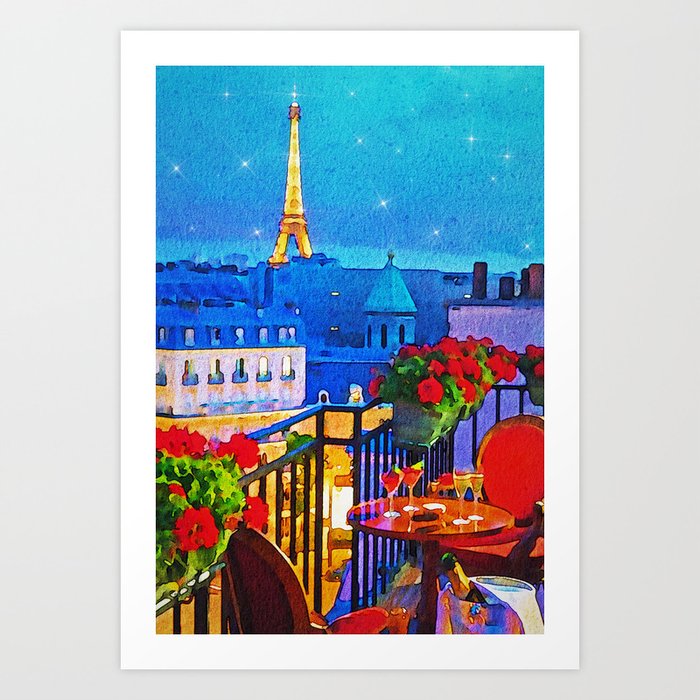 Paris balcony, Eiffel Tower night sky with twinkling stars watercolor romantic floral portrait painting Art Print