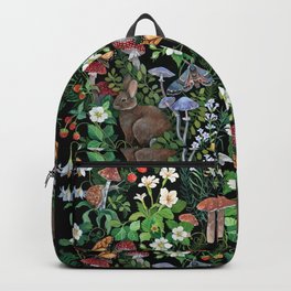 Rabbit and Strawberry Garden Backpack | Woodland, Mushroom, Flower, Moth, Foliage, Nature, Strawberries, Painting, Botanical, Butterfly 
