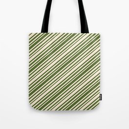 [ Thumbnail: Beige & Dark Olive Green Colored Pattern of Stripes Tote Bag ]
