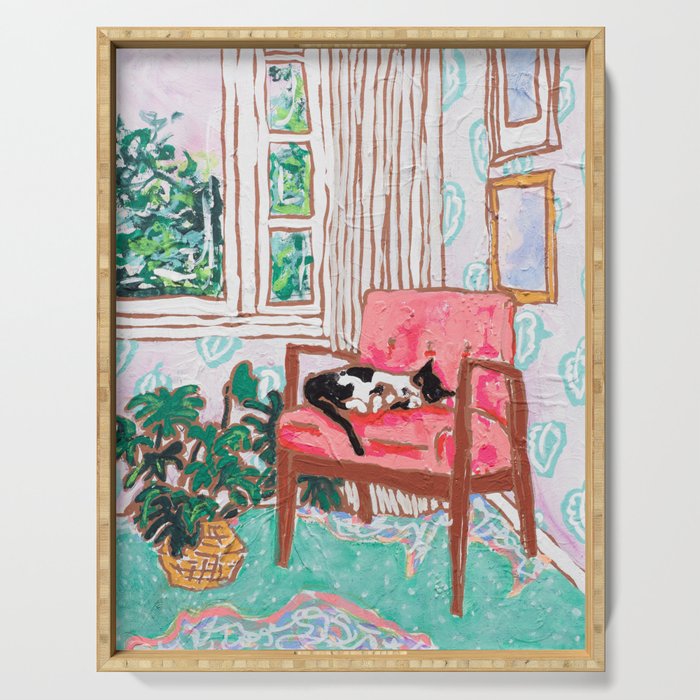 Little Naps - Tuxedo Cat Napping in a Pink Mid-Century Chair by the Window Serving Tray