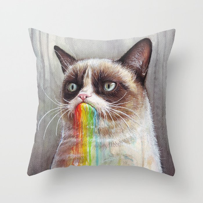 Cat Tastes the Grumpy Rainbow Throw Pillow