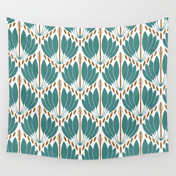 Art Nouveau Teal Green Gold White Pattern Wall Tapestry