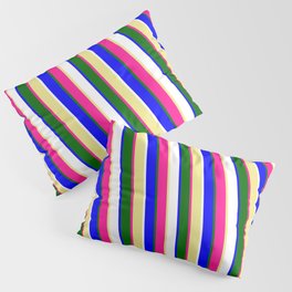 [ Thumbnail: Eye-catching Tan, Deep Pink, Dark Green, Blue, and White Colored Stripes Pattern Pillow Sham ]