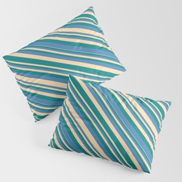 [ Thumbnail: Tan, Teal & Blue Colored Lines/Stripes Pattern Pillow Sham ]