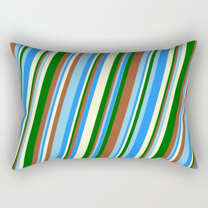 Vibrant Sienna, Sky Blue, Blue, Light Yellow, and Dark Green Colored Striped Pattern Rectangular Pillow