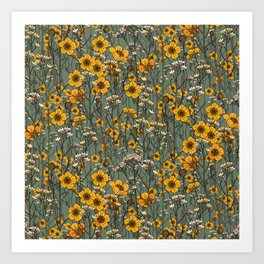 Fields of Yellow Flower Art on Sage Green Art Print