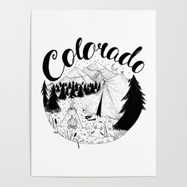 Colorado Outdoors Camping Ink Drawing Poster